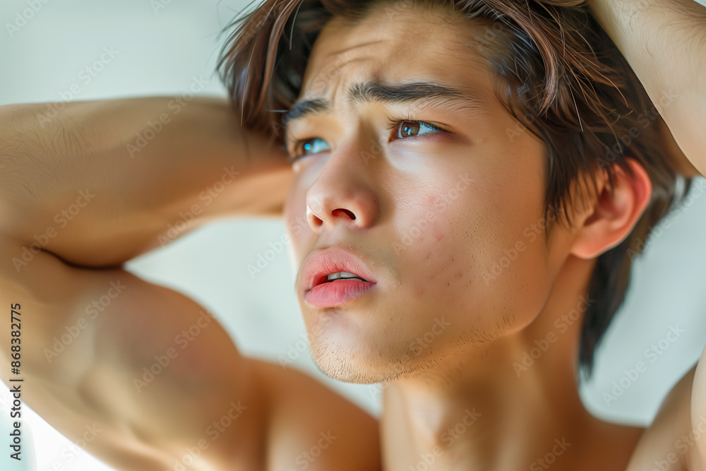 Portrait of a young asian male model flexing.
Portrait of a young asian male model flexing.