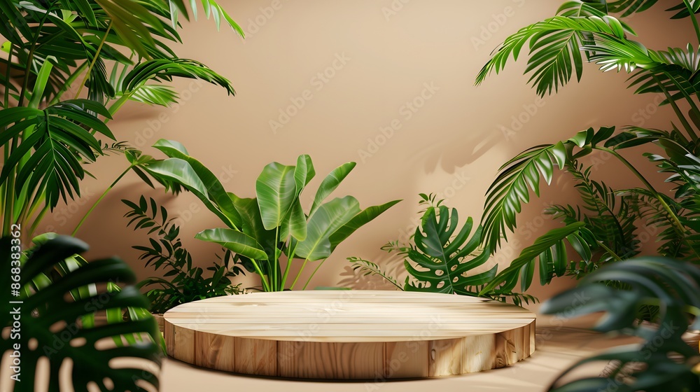 Tropical Foliage Background with Wooden Platform Tropical Foliage Background with Wooden Platform