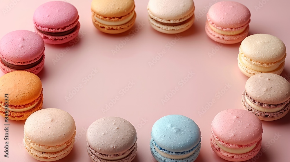 A cheerful flat lay of pastel-colored macarons arranged in a circle on a pale pink background, ideal for a sweet treat theme. A cheerful flat lay of pastel-colored macarons arranged in a circle on a pale pink background, ideal for a sweet treat theme.