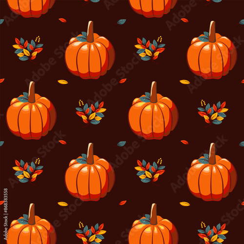 Hello autumn, autumn season, pumpkins, leaves, branches, berries, pattern, vector	