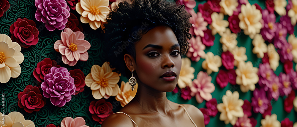 Black woman in African turban, flower background, floral aesthetic. Natural cosmetics female model in traditional head wrap. Fashion and beauty stylish