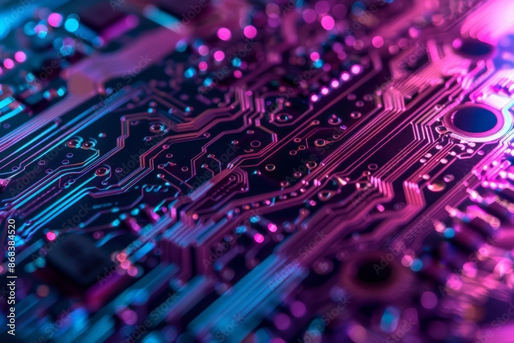 High-Tech Circuit Board with Purple Glow and Close-Up View High-Tech Circuit Board with Purple Glow and Close-Up View