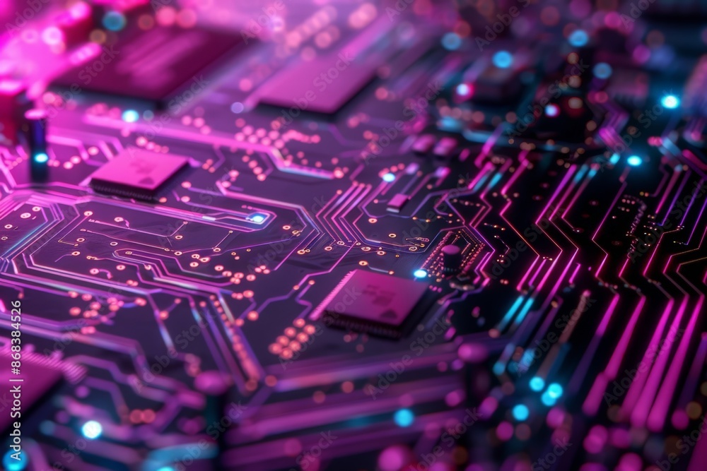 High-Tech Circuit Board with Purple Glow and Blue Accents High-Tech Circuit Board with Purple Glow and Blue Accents