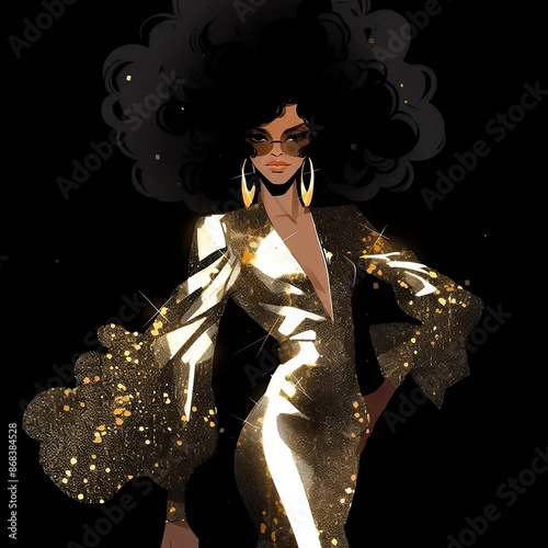 a woman in a gold dress with a black background