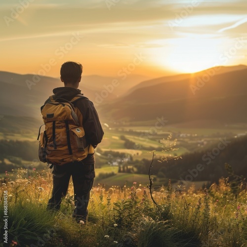 Traveler with a backpack overlooking a valley. Golden hour light, expansive landscape background.  © AbdulRahmanUzair