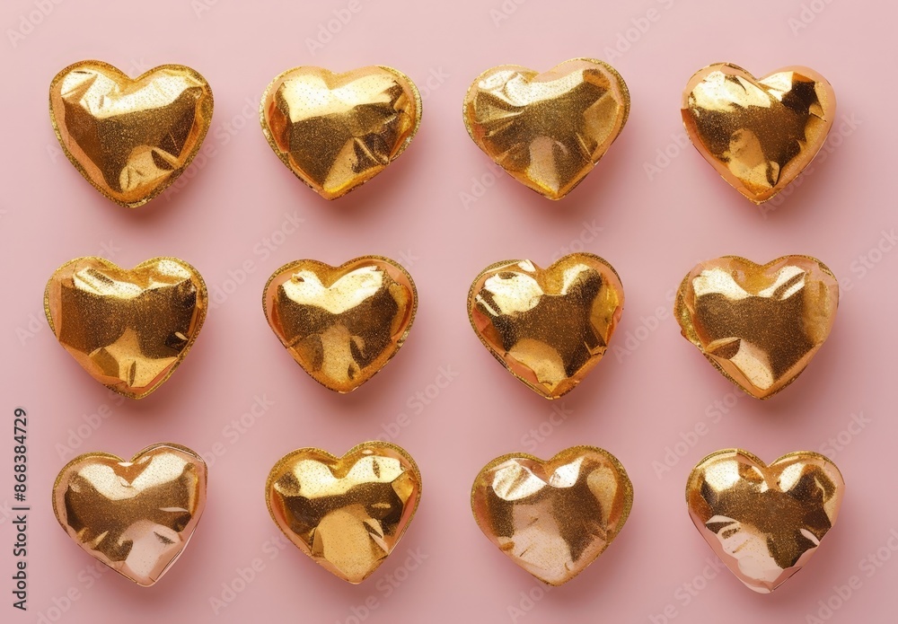 Shiny Gold Heart Shapes on a Pink Background Shiny Gold Heart Shapes on a Pink Background