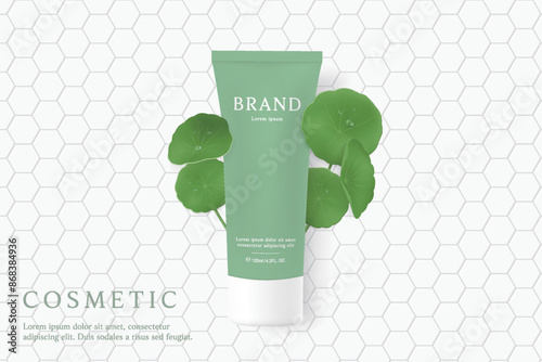 Cosmetic product ads template on white tile background with Centella Asiatica.