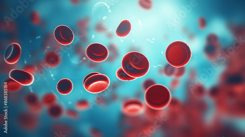 Red blood cells on blurred background with copy space	 photo