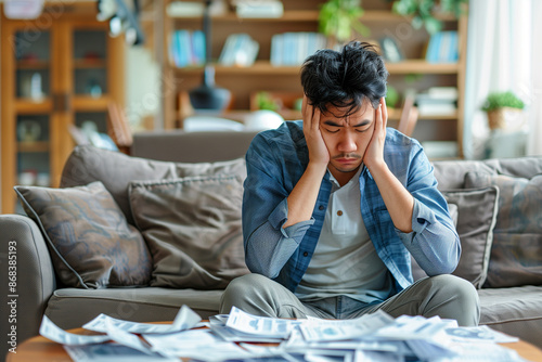 Stressed and depressed young asian male at home trying to pay bills. 