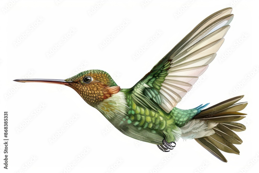 Obraz premium graceful hummingbird in midflight isolated on white background ai generated illustration