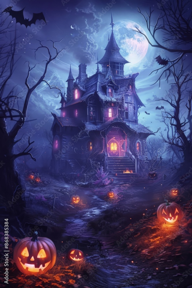 Haunted Halloween Mansion with Glowing Pumpkins and Moonlit Sky Haunted Halloween Mansion with Glowing Pumpkins and Moonlit Sky