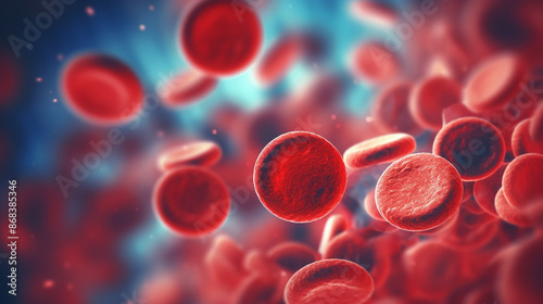 Red blood cells on blurred background with copy space	 photo