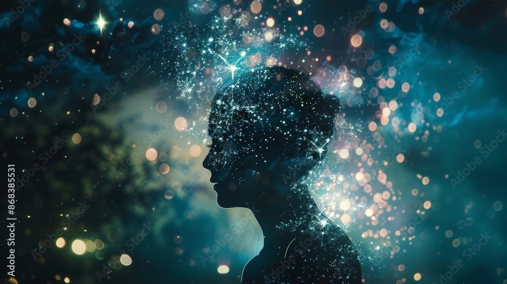 Mystical Cosmic Silhouette with Starburst Effect Mystical Cosmic Silhouette with Starburst Effect