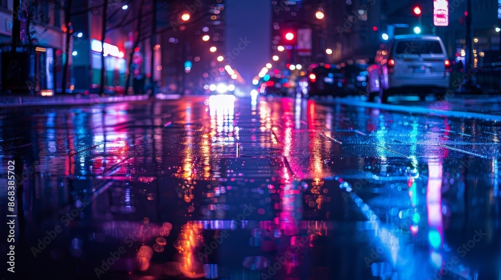 Nighttime Cityscape: Rain-Soaked Streets with Reflective Lights and Vehicles Nighttime Cityscape: Rain-Soaked Streets with Reflective Lights and Vehicles