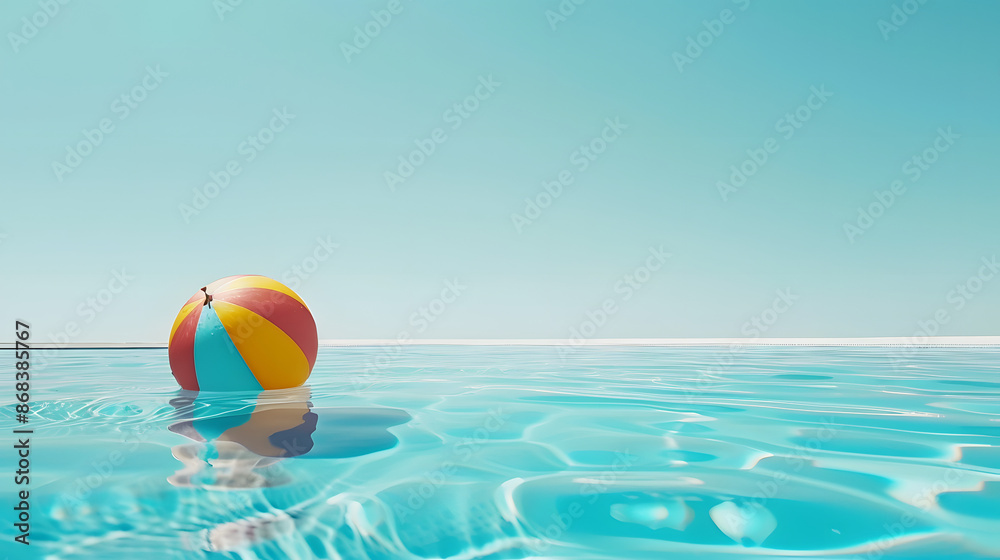 A colorful beach ball floating on tranquil pool water under a clear blue sky, offering a serene and inviting summer scene with ample copy space. A colorful beach ball floating on tranquil pool water under a clear blue sky, offering a serene and inviting summer scene with ample copy space.
