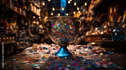Golden trophy cup on race track surrounded by colorful confetti and glitter, signifying triumph photo