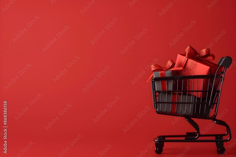 Sleek Shopping Cart Filled with Minimalistic Gift Boxes Against Vibrant Red Background Sleek Shopping Cart Filled with Minimalistic Gift Boxes Against Vibrant Red Background