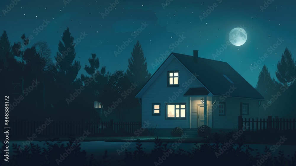 A lone house with glowing windows sits nestled in a misty forest under a night sky A lone house with glowing windows sits nestled in a misty forest under a night sky