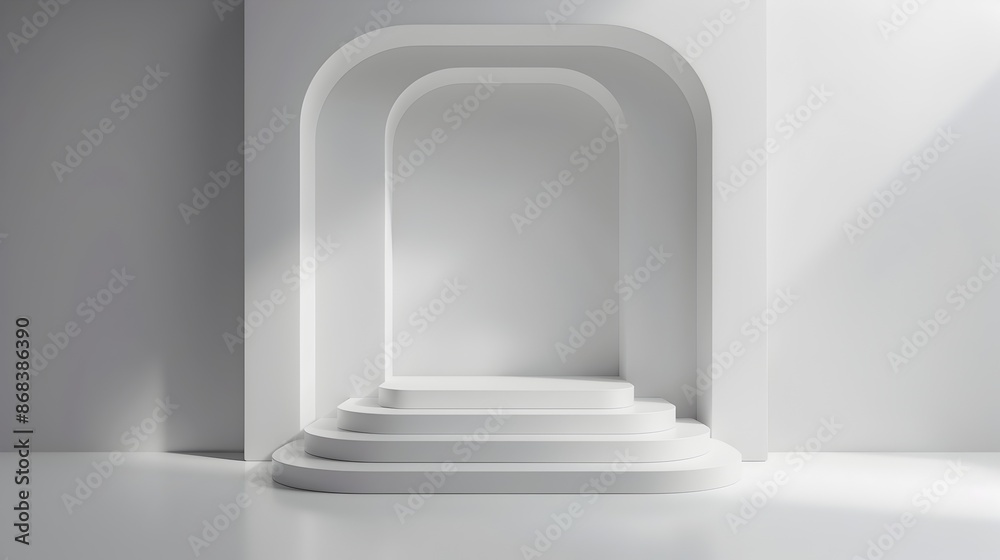 Fototapeta premium Elegant White Curved Wall and Platform Display Stage for Product Presentation or Exhibition