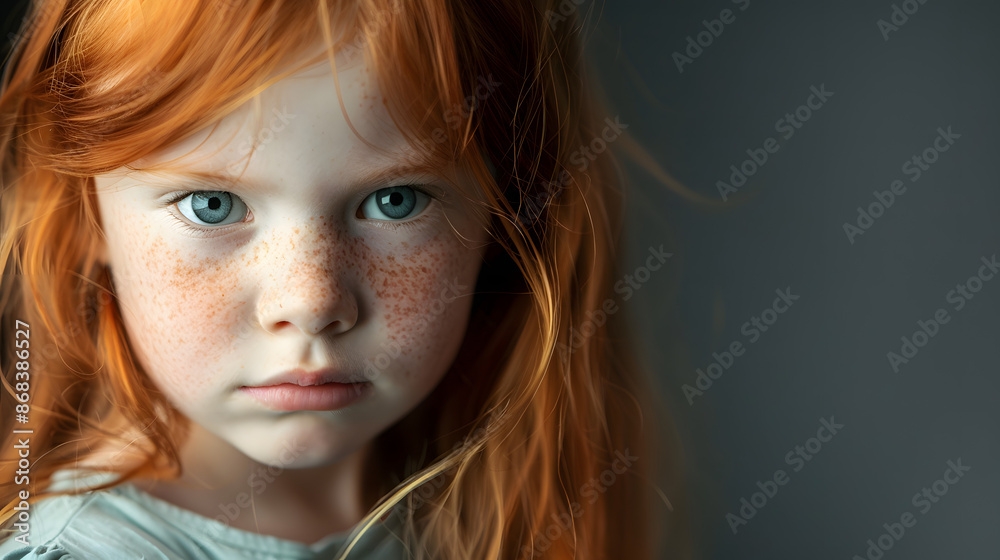 A close-up portrait of a serious redheaded girl with freckles, looking intently at the camera with a determined expression, against a dark background. A close-up portrait of a serious redheaded girl with freckles, looking intently at the camera with a determined expression, against a dark background.