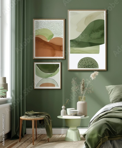 Minimalist art pieces displayed on a green wall