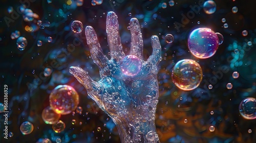 Holographic Hand Reaching Through Colorful Bubbles in Space photo