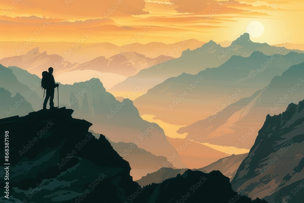 hiker silhouetted at mountain summit majestic landscape with cliffs and valley adventure concept illustration hiker silhouetted at mountain summit majestic landscape with cliffs and valley adventure concept illustration