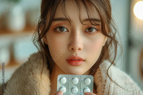 Young Asian woman holding a blister pack of pills.  photo