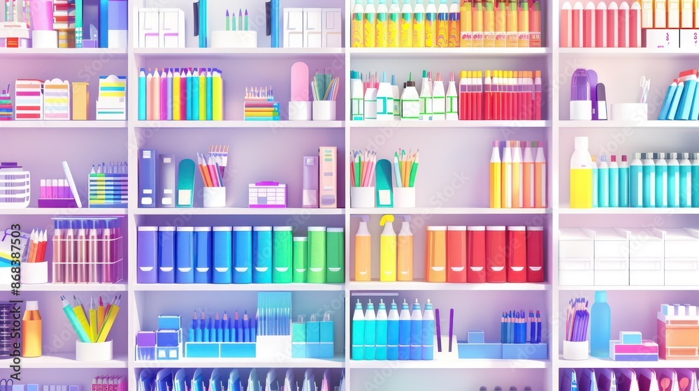 3D style illustration shows the shelves of a school stationery store filled with stationery objects. The color of the shelf is white.