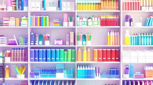 3D style illustration shows the shelves of a school stationery store filled with stationery objects. The color of the shelf is white.