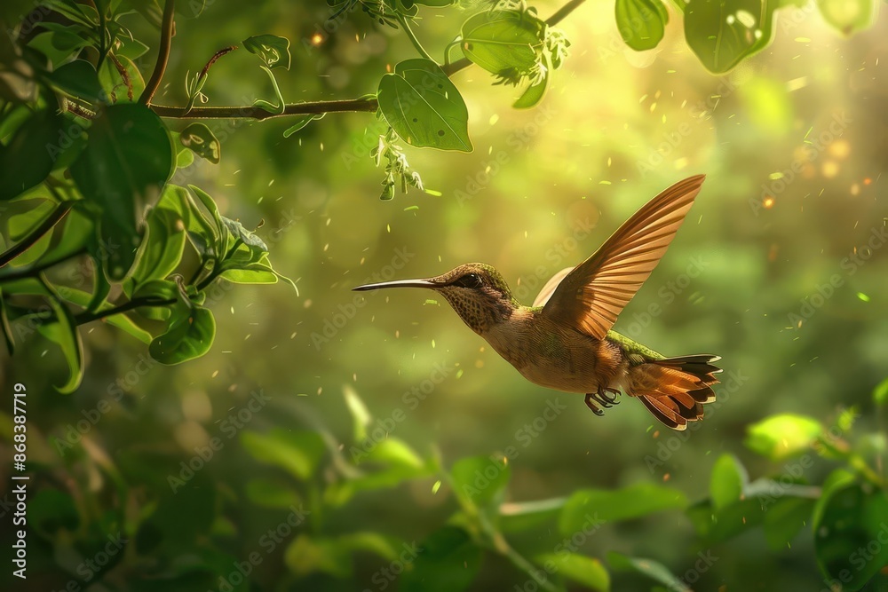Naklejka premium hummingbird in flight with lush green forest background enchanting digital artwork