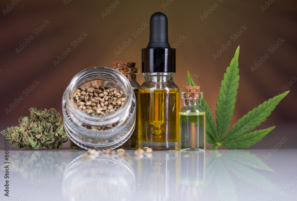 Cannabis leaf with hemp seeds and marijuana oil, cbd Cannabis leaf with hemp seeds and marijuana oil, cbd