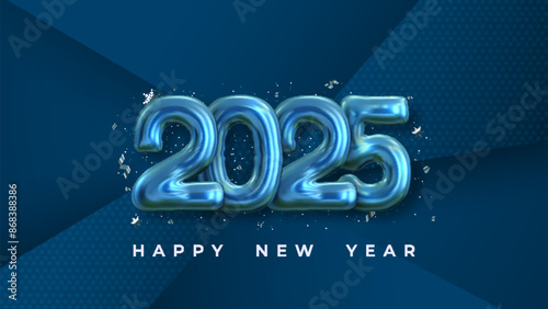 The festive and celebratory design features shiny blue number 2025 balloons surrounded by colorful confetti. Perfect for New Year's Eve celebrations and party invitations.