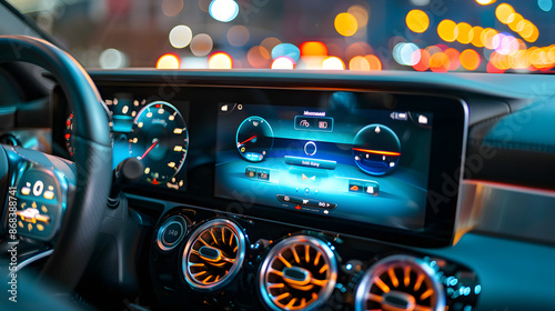 Close-up of a high-tech car dashboard featuring illuminated digital displays and control panels. The modern design and advanced technology highlight a luxurious automotive experience.
