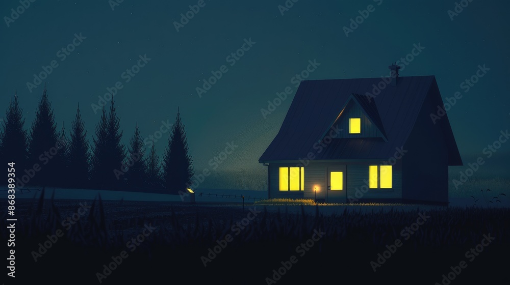 Solitary House with Glowing Windows in a Misty Forest Under the Night Sky Solitary House with Glowing Windows in a Misty Forest Under the Night Sky