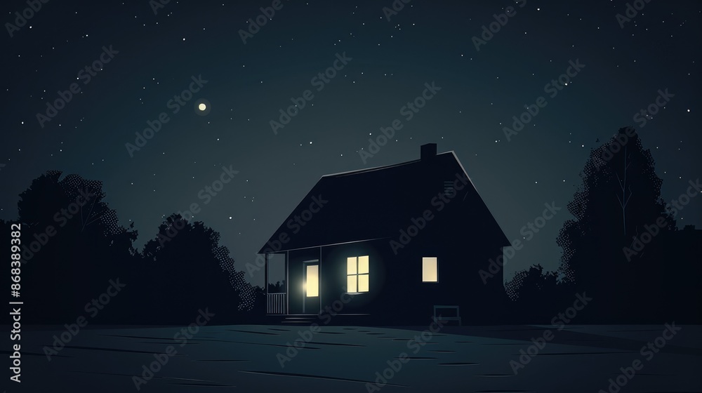 Solitary House with Glowing Windows in a Misty Forest Under the Night Sky Solitary House with Glowing Windows in a Misty Forest Under the Night Sky