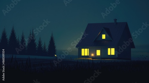 Solitary House with Glowing Windows in a Misty Forest Under the Night Sky