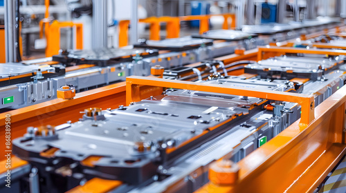 Close-up of a battery production line in an industrial facility, highlighting modern technology and precision engineering. Ideal for energy, industry, and manufacturing themes.