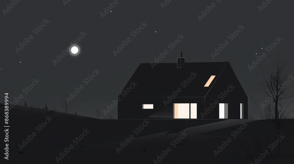 Enchanted House with Illuminated Windows Amidst a Misty Forest at Night