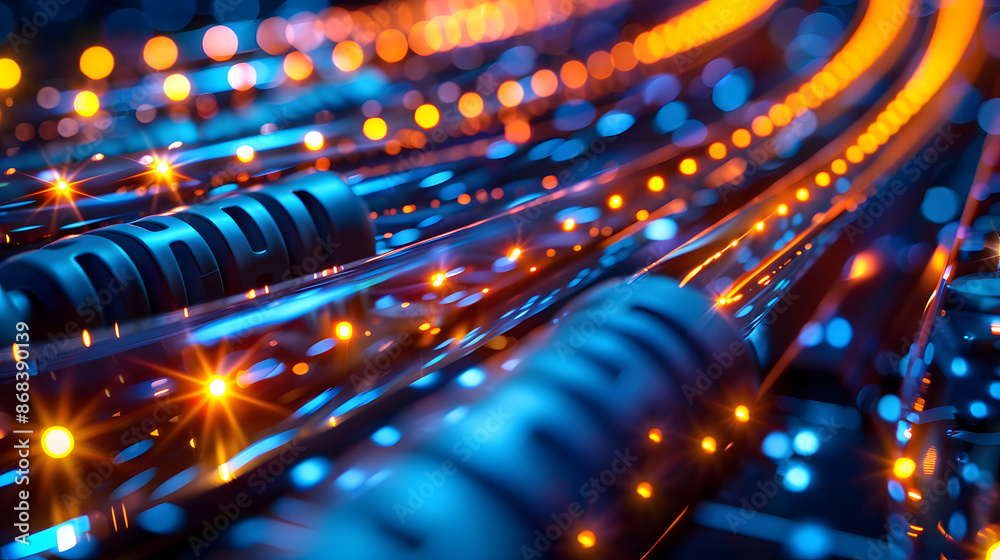 Close-up of illuminated fiber optic cables in a data center, representing high-speed data transmission and modern technology. Ideal for tech, data, and communication themes. Close-up of illuminated fiber optic cables in a data center, representing high-speed data transmission and modern technology. Ideal for tech, data, and communication themes.