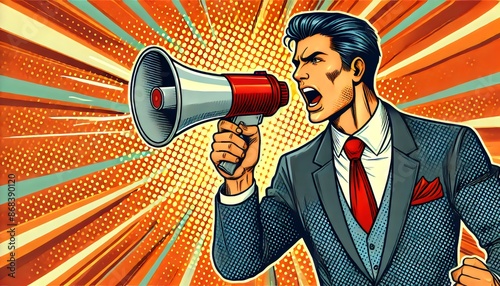 A vibrant comic-style illustration of a businessman in a suit passionately speaking through a megaphone photo