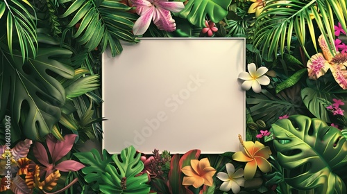 Tropical background with lush green leaves and exotic flowers surrounding a blank white frame. Design template for summer, nature, and travel concepts.