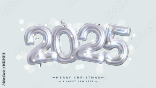 The festive and celebratory design features shiny white number 2025 balloons surrounded by silver confetti. Perfect for New Year's Eve celebrations and party invitations.