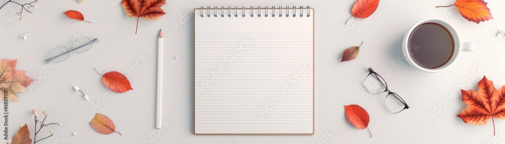 Blank notepad, pen, glasses, and coffee cup on a desk with autumn leaves. Ideal for fall-themed writing or planning concepts. Blank notepad, pen, glasses, and coffee cup on a desk with autumn leaves. Ideal for fall-themed writing or planning concepts.