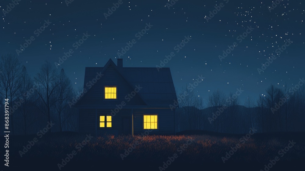 Mysterious House with Bright Windows Nestled in a Foggy Forest at Night Mysterious House with Bright Windows Nestled in a Foggy Forest at Night