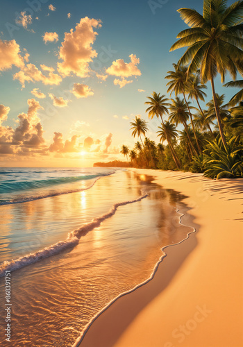 A serene beach scene at sunset, with the warm glow of the setting sun reflecting off the wet sand and calm ocean waves.