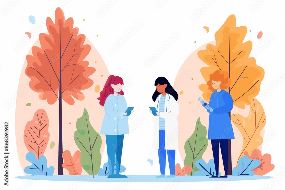 Illustration of three people using smartphones in a park with colorful autumn trees and falling leaves. Illustration of three people using smartphones in a park with colorful autumn trees and falling leaves.