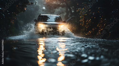  A car navigates a flooded street at night, with headlights reflecting off the water. Highlights challenges of severe weather and urban flooding. Ideal for themes of weather, transportation, and emerg