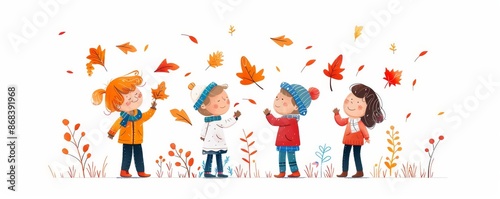 Illustration of kids playing with autumn leaves. Children enjoying fall season with colorful foliage. Fun and joyful moments outside. © Wasana