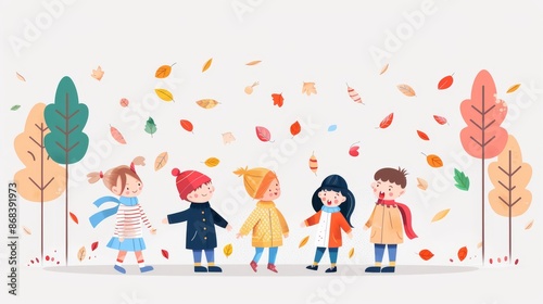 Illustration of five children playing with autumn leaves in a park, featuring colorful trees and foliage in a whimsical style. © Wasana
